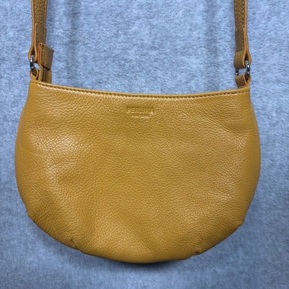 Perlina New York Small Pebbled Leather Rounded Crossbody Purse-Mustard Yellow - Picture 1 of 7